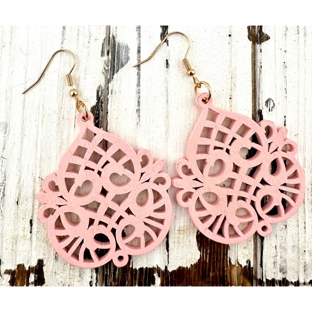 Garden Trellis Teardrop Earrings Sugar Sweet Pink Stained Laser Cut Wood NEW